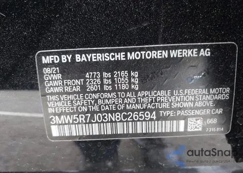 2022 BMW 330I xDrive z USA, uszkodzony, nr VIN 3MW5R7J03N8C26594